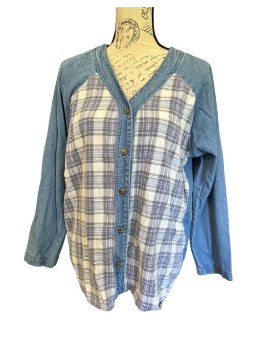 Lajate Jackets & Blazers - Lajate Denim & Plaid Flannel Button Down Shirt Shacket Womens Large 80s Vintage